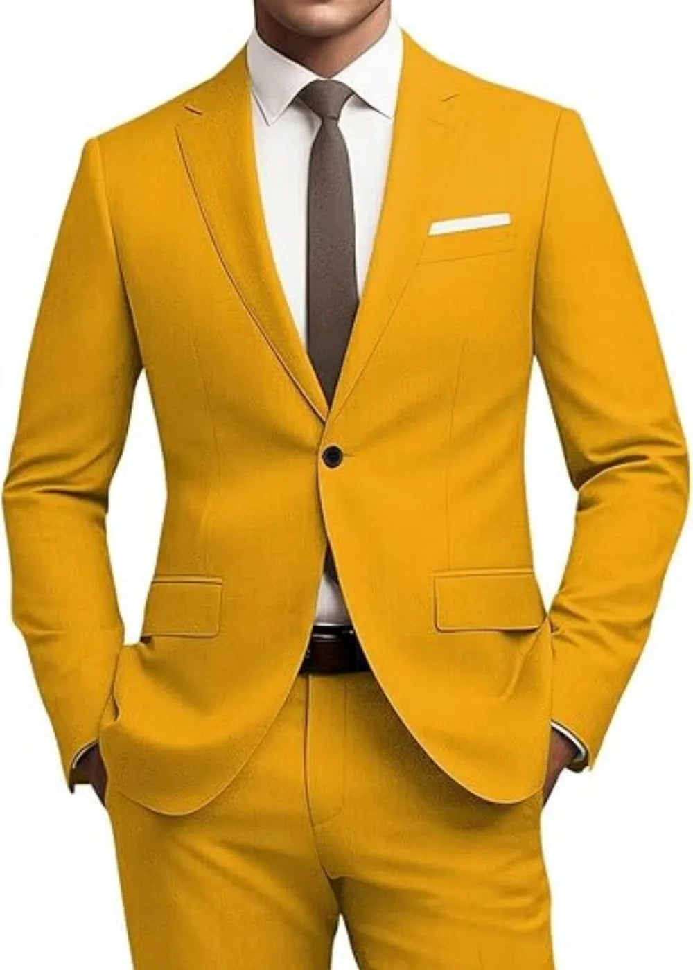 Men's slim fit 2-piece suit set with tie in gold colour, flat collar, nylon blended fabric, front view on mannequin.