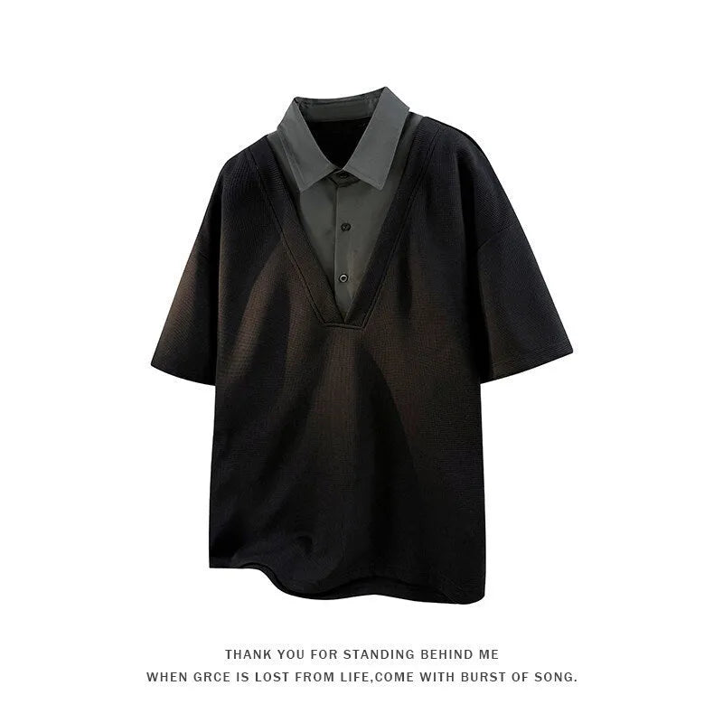 Men's black padded Henry collar polo shirt sweater with short sleeves