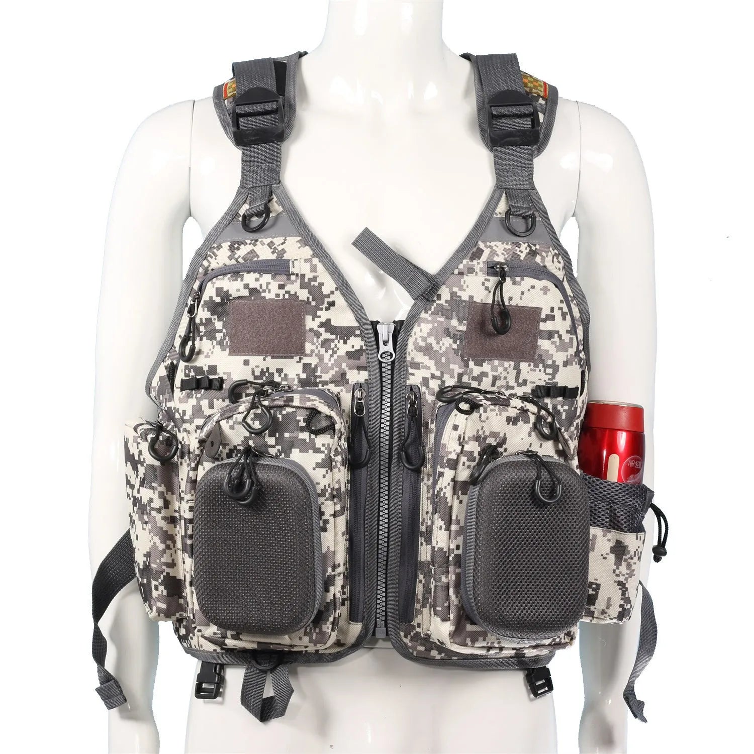 Grey ripstop polyester fishing life jacket with multiple pockets, MOLLE panels, and reflective strips on a mannequin.