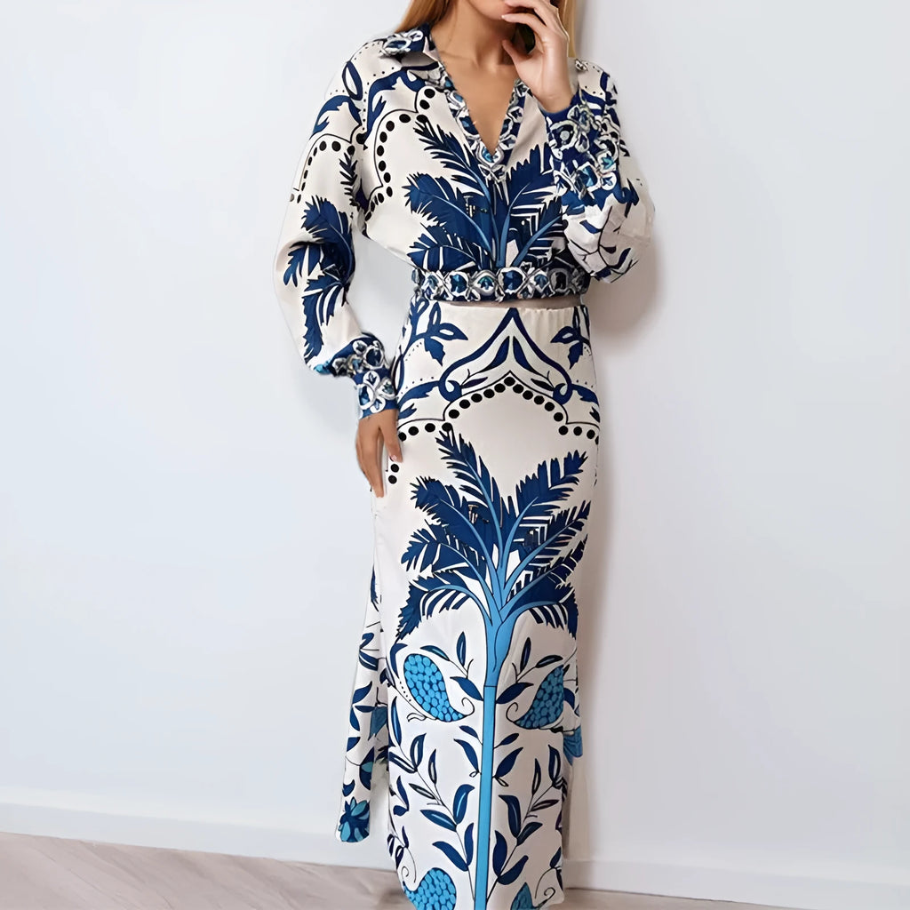 Women's floral casual set with long sleeve top and matching skirt in early spring pattern