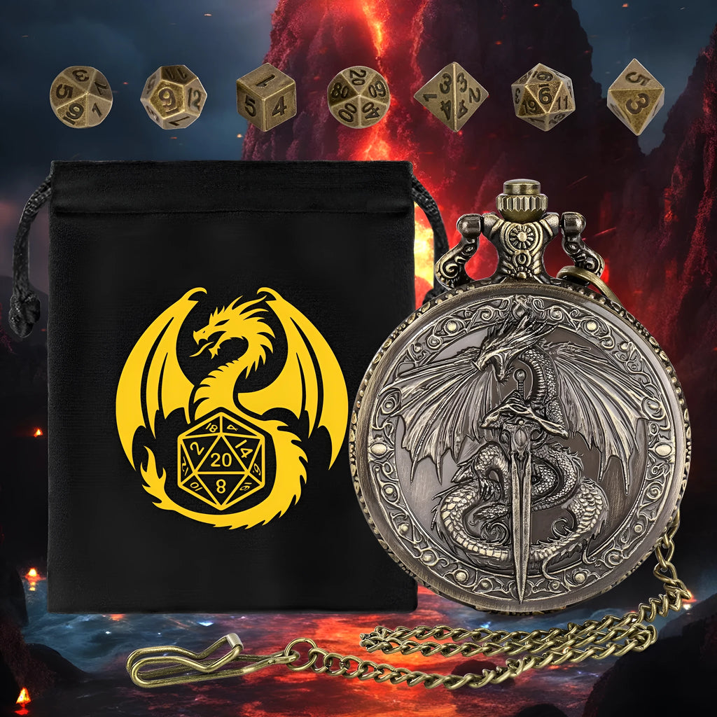 Zinc alloy DND dice storage case with winged beast and sword relief in bronze finish