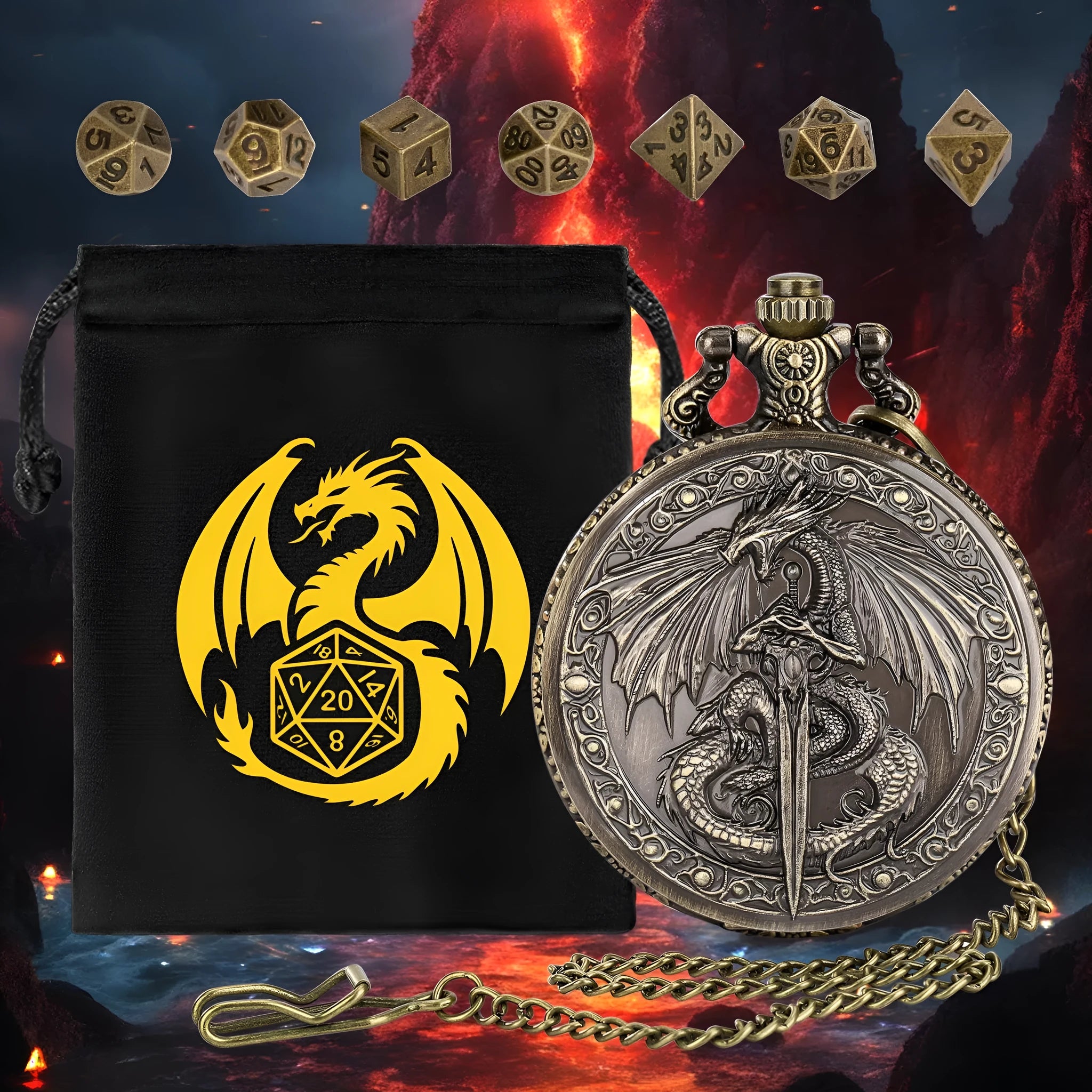 Zinc alloy DND dice storage case with winged beast and sword relief in bronze finish