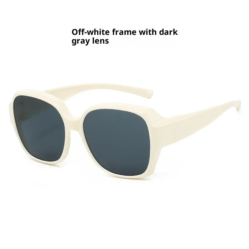 Large rim clip-on polarized sun glasses with black frame and black grey lens UV protection for women driving