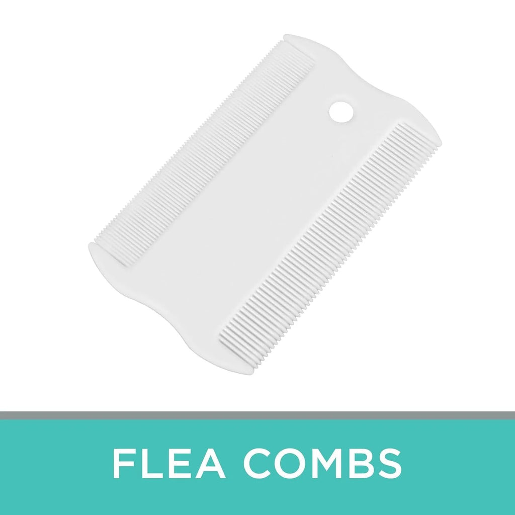 A double-sided plastic flea comb for pets with dense teeth, shown with its dimensions of 0.85 cm by 5 cm.