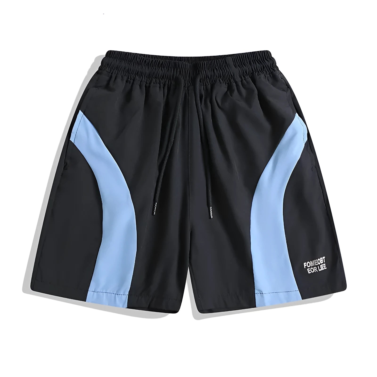 Black and grey loose-fit quick-drying sports shorts with elastic waistband above knee length