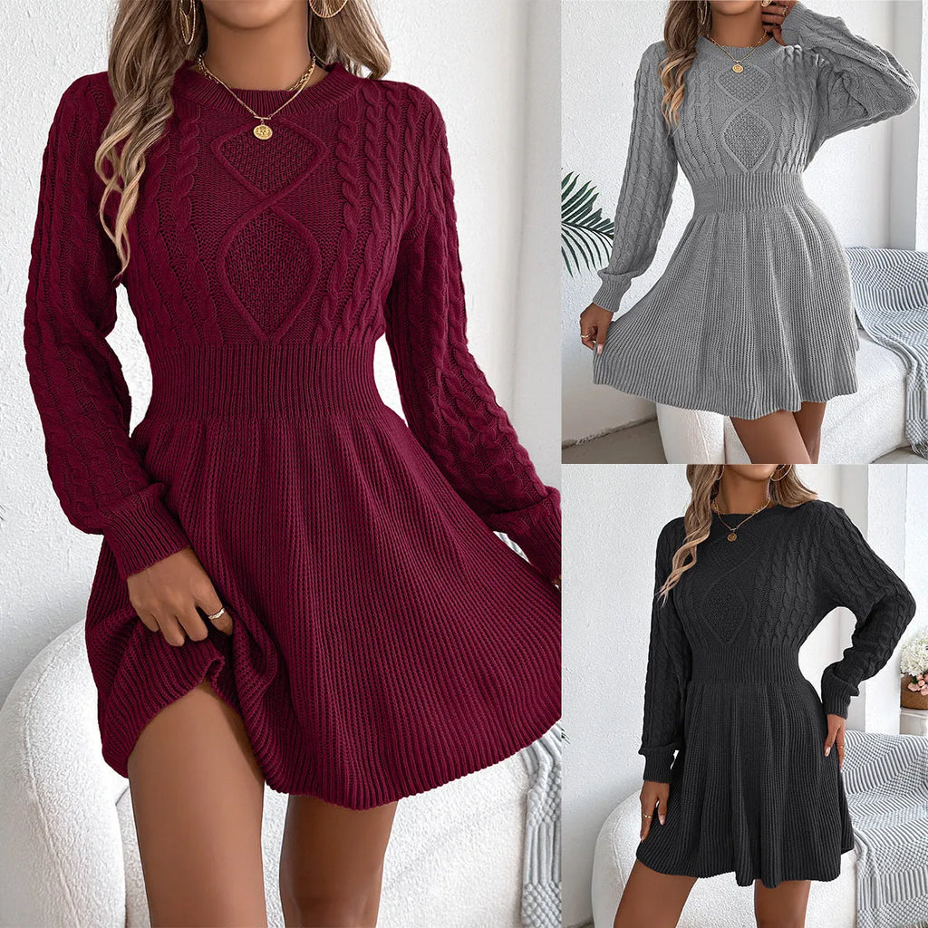 Artificial fur sweater dress with elastic waist, lantern sleeves, and midi length in black colour