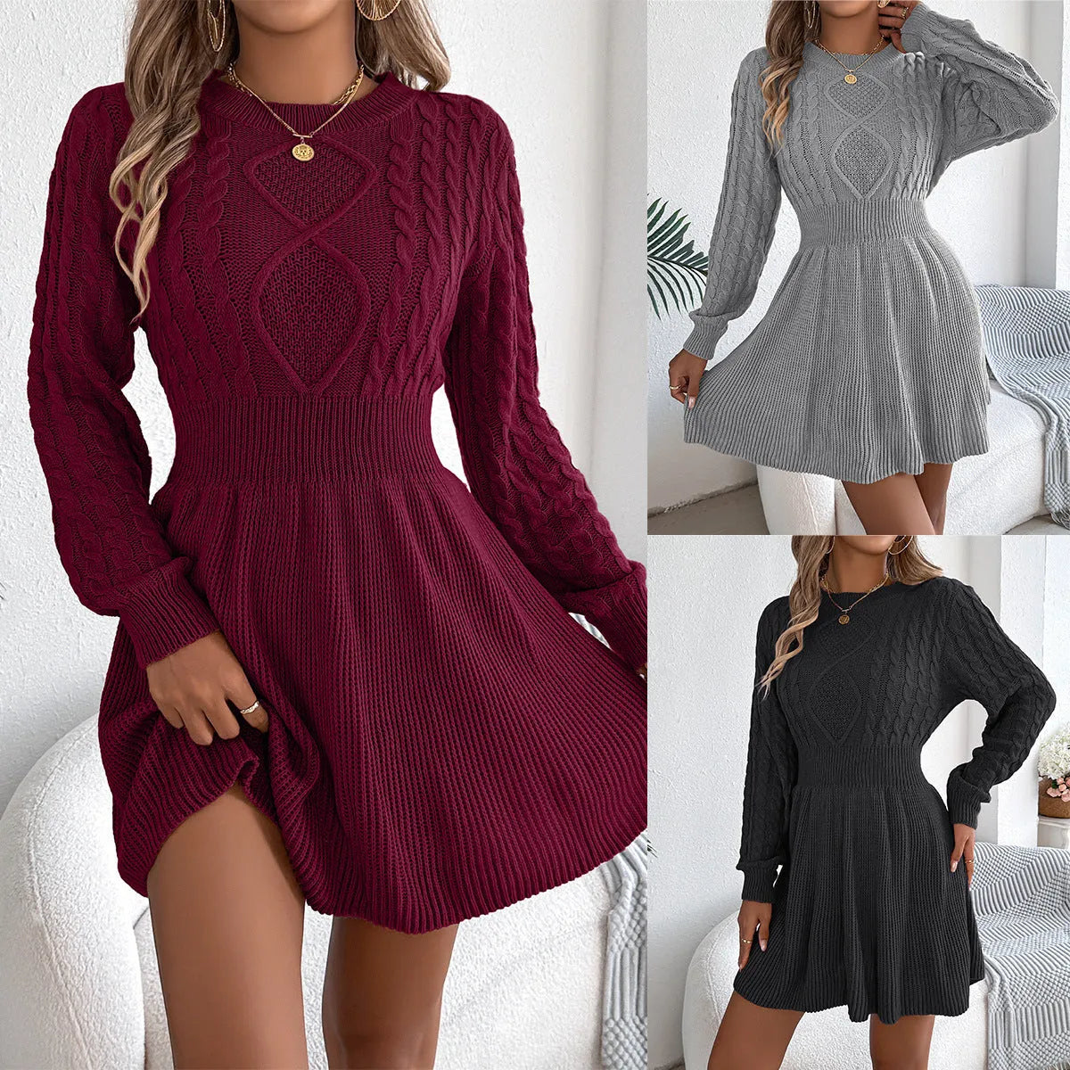 Artificial fur sweater dress with elastic waist, lantern sleeves, and midi length in black colour
