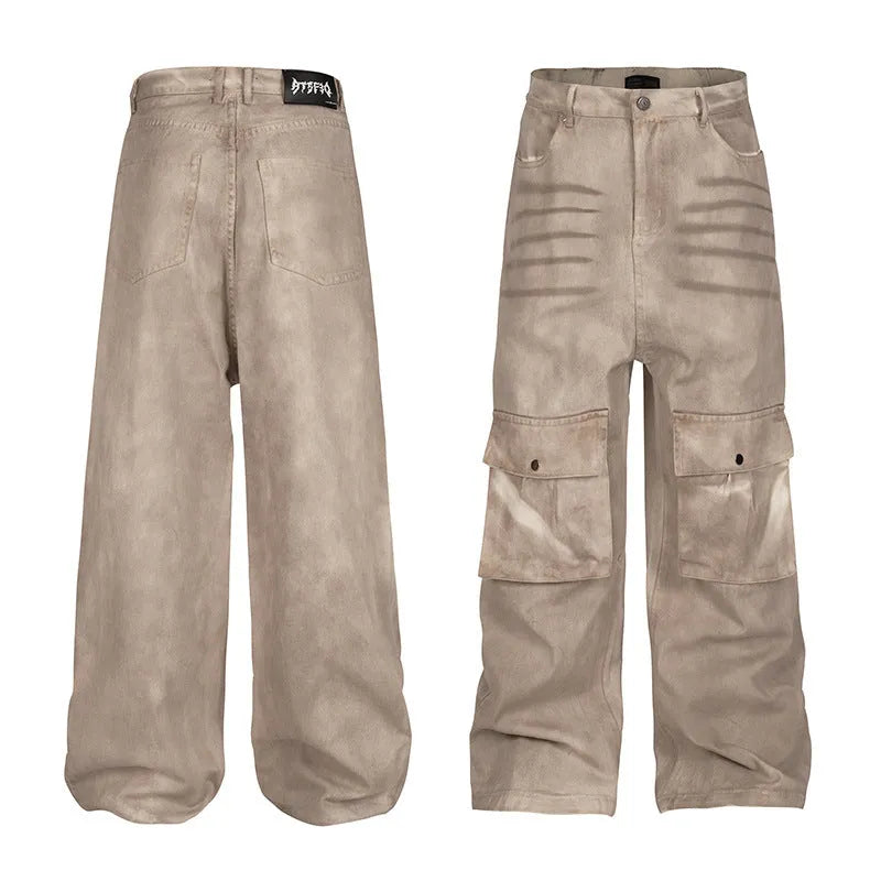 Marble dark straight loose A-line casual pants in pure cotton denim for teenagers mid waist zip fly