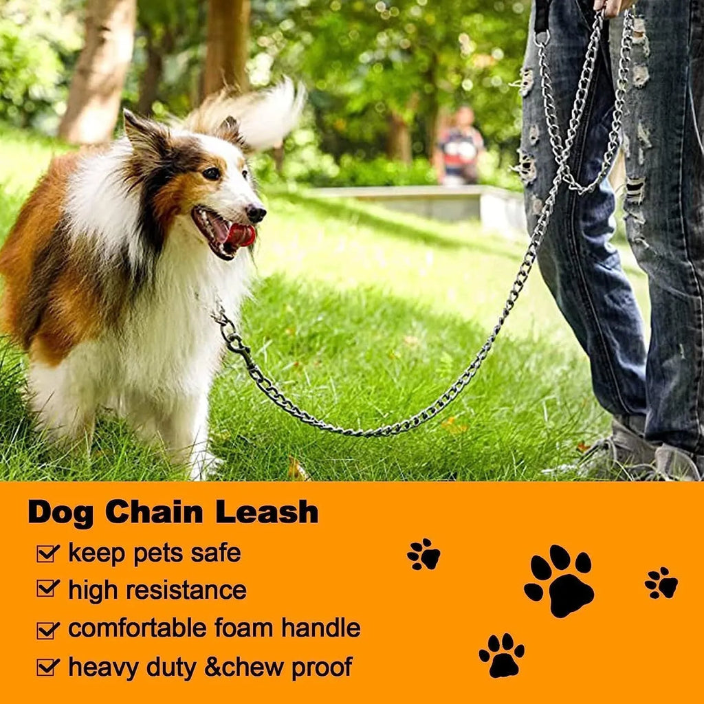 Heavy duty metal dog leash chain with soft black padded handle, shown in red.