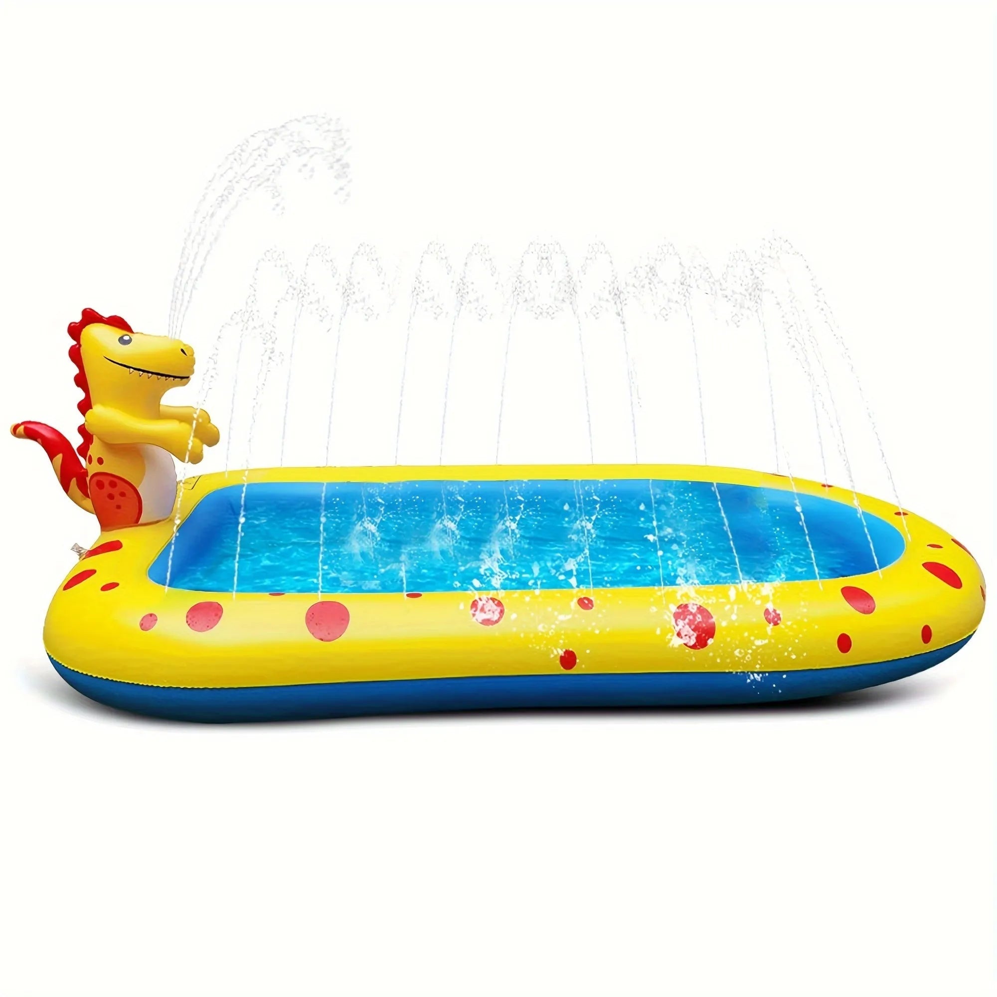 Blue dinosaur-themed water spray pool with shark toy measuring 170cm long for garden play