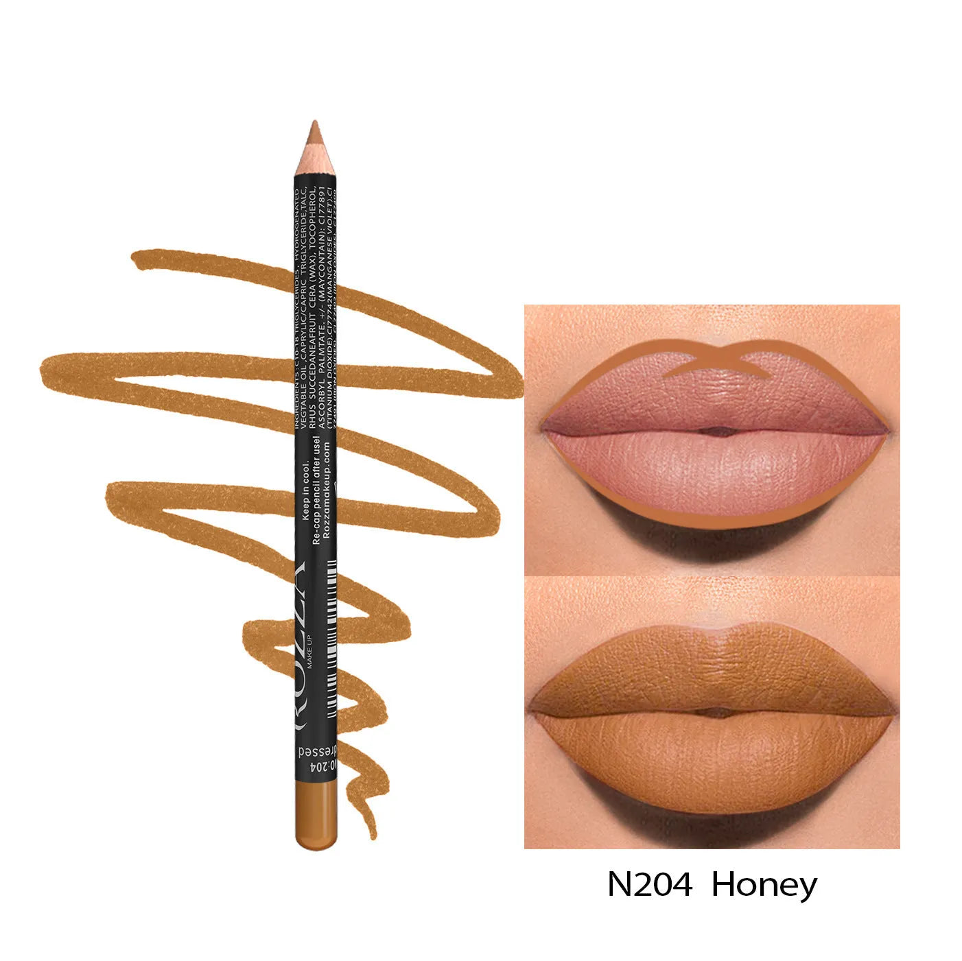 Matte finish lip liner pencil in wood casing with colour options 201 to 214 for 24-hour wear