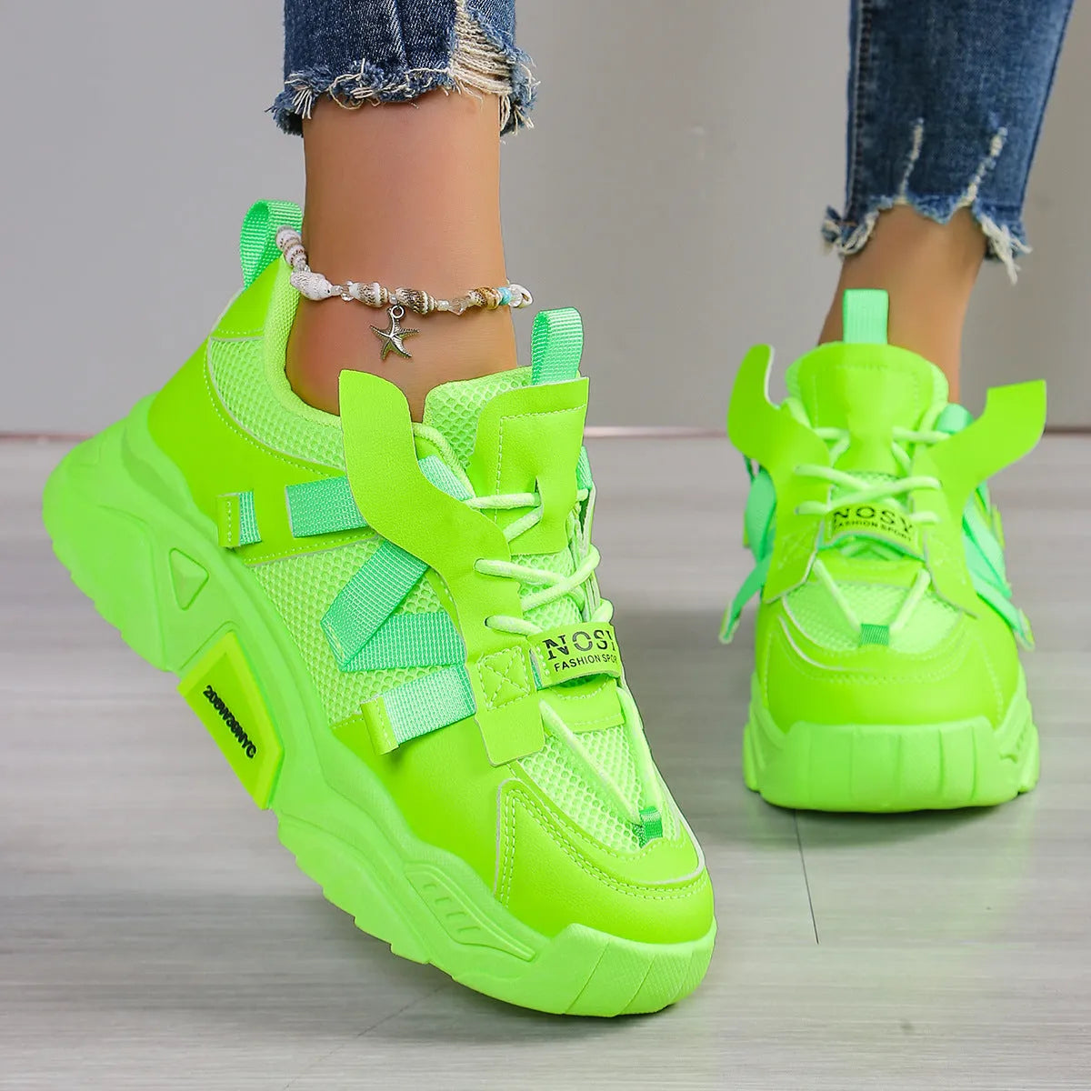 Women's platform mesh dad shoes in multiple colours with animal pattern design and lace-up front