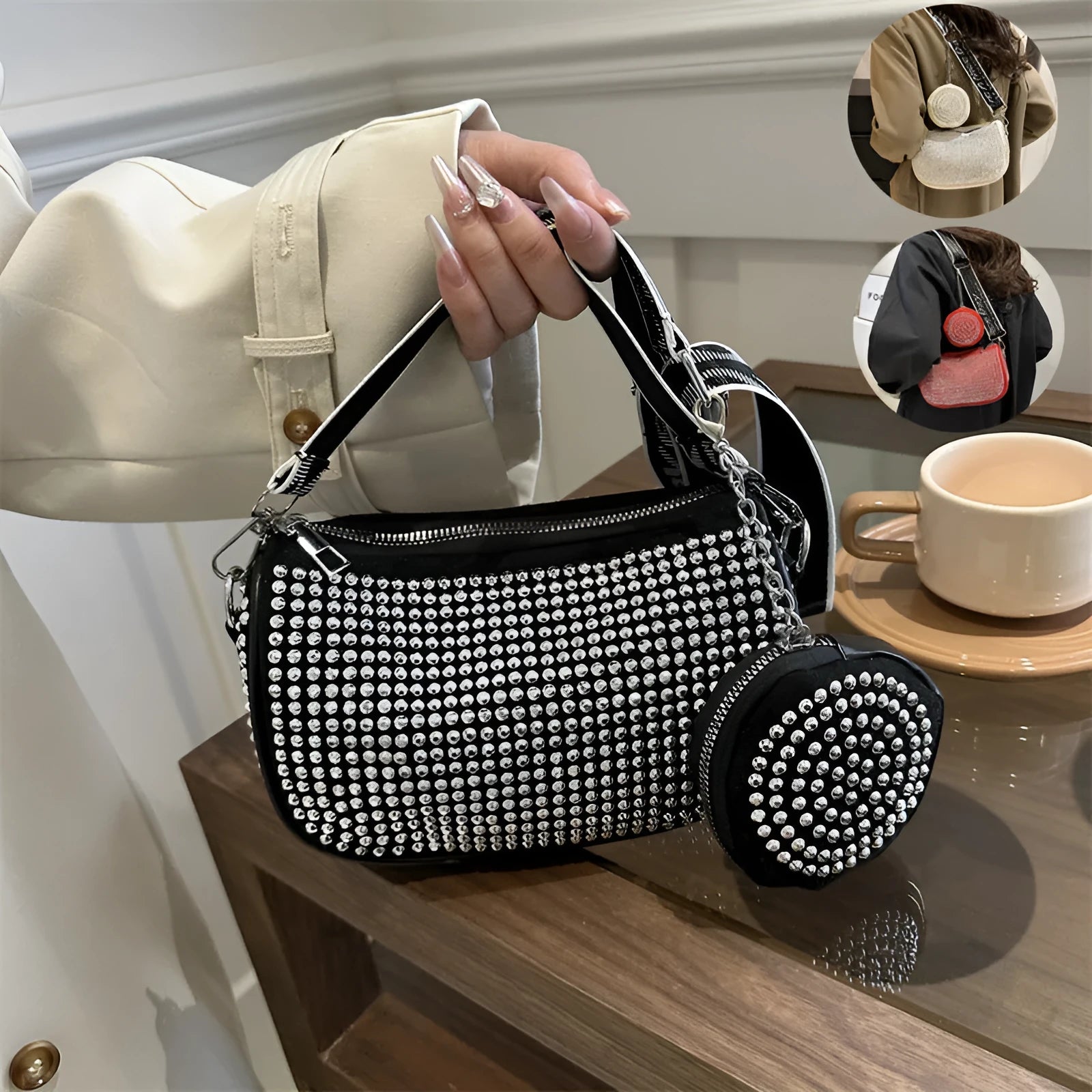 Rhinestone shoulder bag with small purse in black red white Oxford cloth dumpling shape