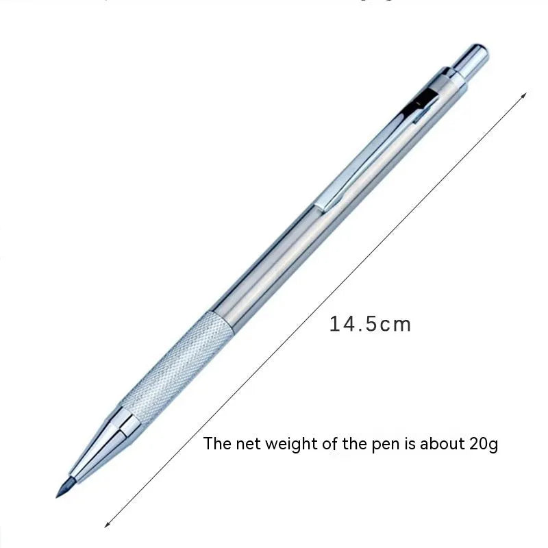 Metal automatic mechanical pencil compatible with five sizes of 2B lead refills.
