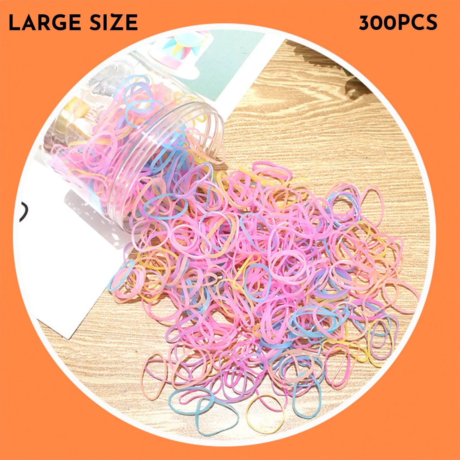 Open reusable container showing hundreds of thin, colourful TPU baby hair ties for toddlers.