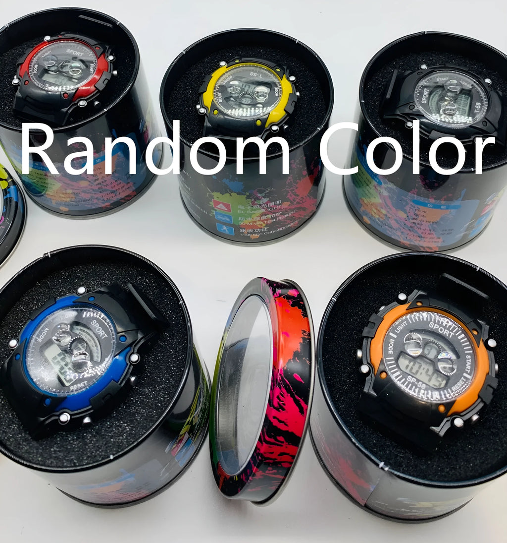 Digital sports watch for children with silicone strap, plastic case and multiple functions including alarm and lighting