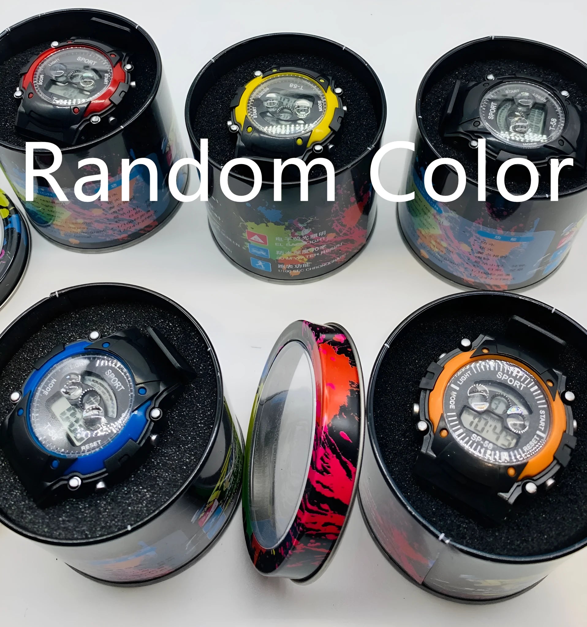 Digital sports watch for children with silicone strap, plastic case and multiple functions including alarm and lighting