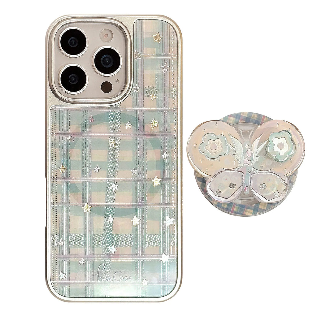 Gilding phone case with rotating bow magnetic bracket silver edge, colourful butterfly pattern on hard PC shell