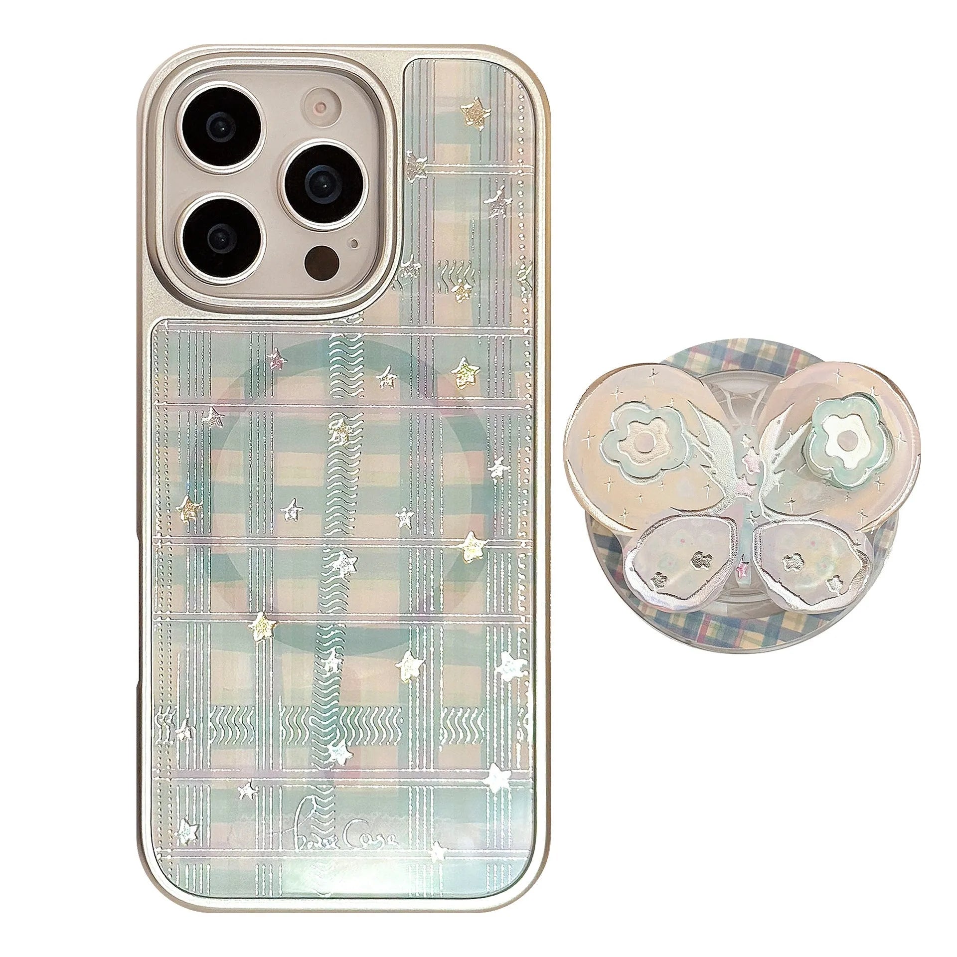 Gilding phone case with rotating bow magnetic bracket silver edge, colourful butterfly pattern on hard PC shell