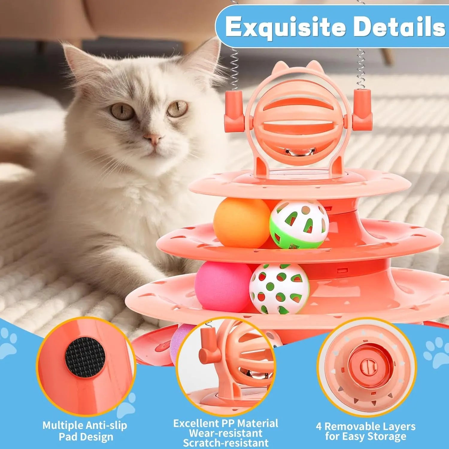 Blue 4-tier interactive cat puzzle toy with balls and teasing rods on a table.