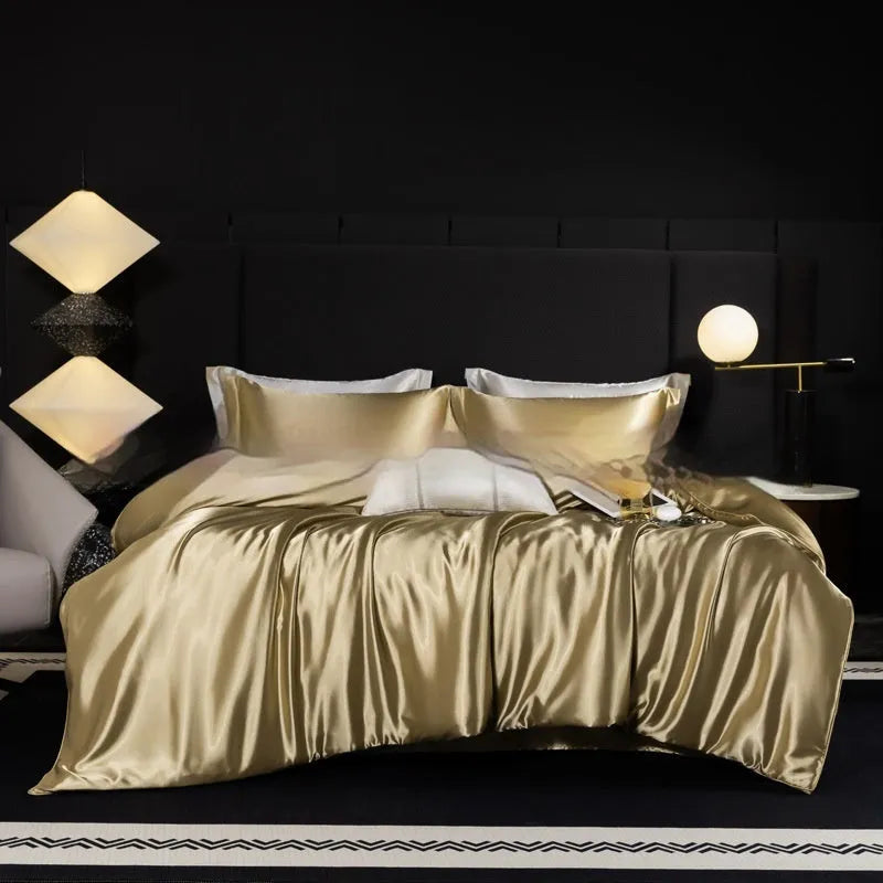 Silk bed sheet four-piece set in solid colours showing multiple size options for household bedding