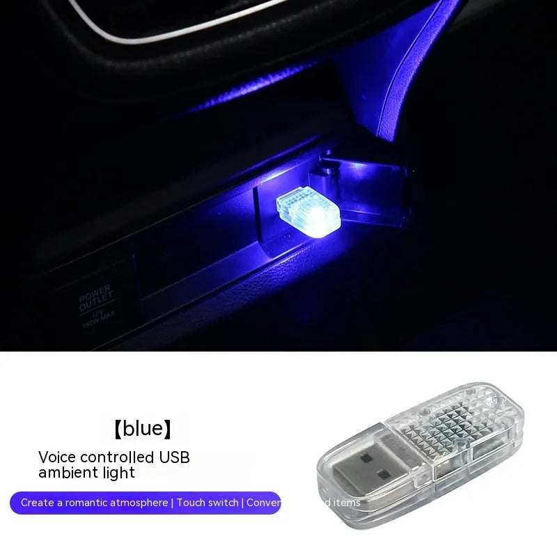 Multi-function car USB atmosphere light with touch switch and RGB voice control on a car dashboard