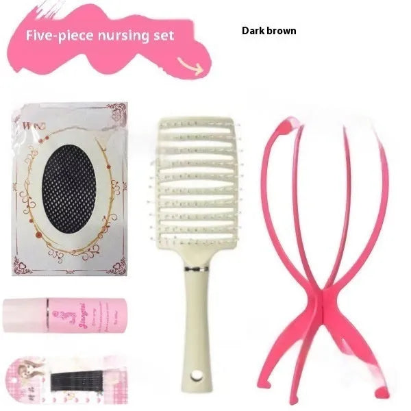 Natural black full-head forehead lace wig with straight mid-length hair displayed with comb, clip, bracket, and bottle.