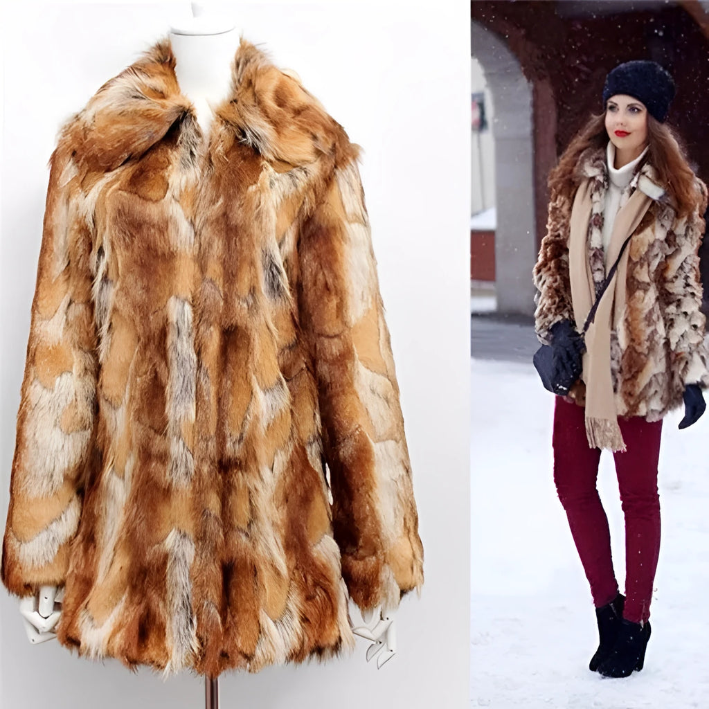 Women's tiger print faux fur jacket in a medium-length street fashion style.