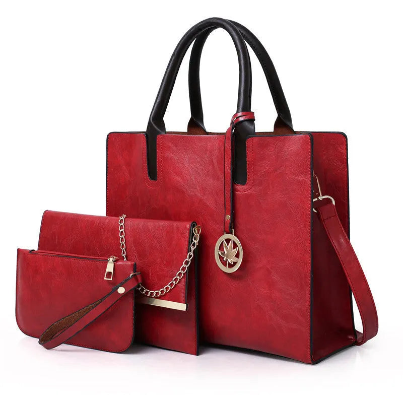 Women's PU leather mother-and-child shoulder bag set in red, black, pink, grey, and brown colours