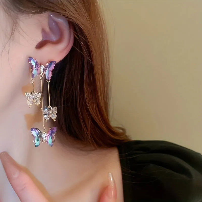 Silver needle blue purple butterfly tassel earrings with crystal flowers on alloy electroplated drop earrings