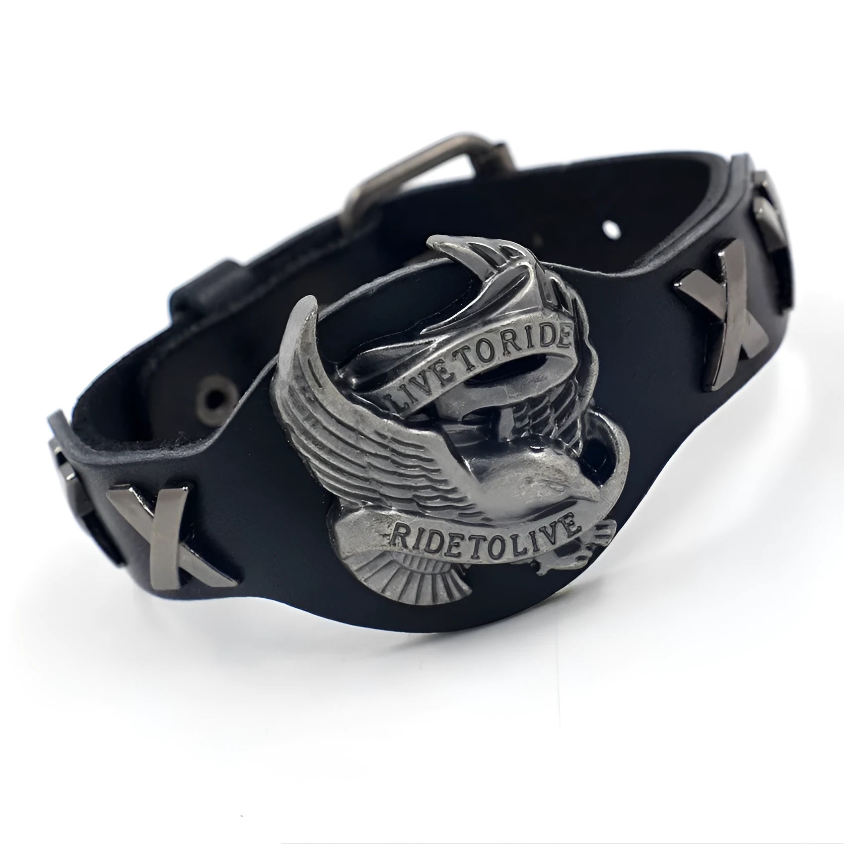 Black geometric leather bracelet with alloy eagle closure, showing adjustable width from 1.7 to 3.8cm