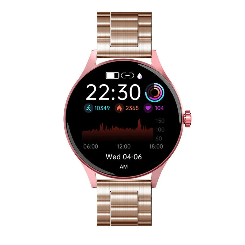 Smart watch with blood glucose and heart rate monitoring on a coloured AMOLED screen.