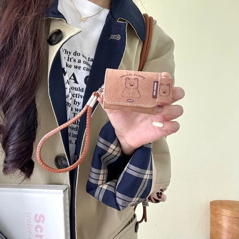 Brown imitation leather AirPods protective case with cartoon West Highland dog and frosted finish
