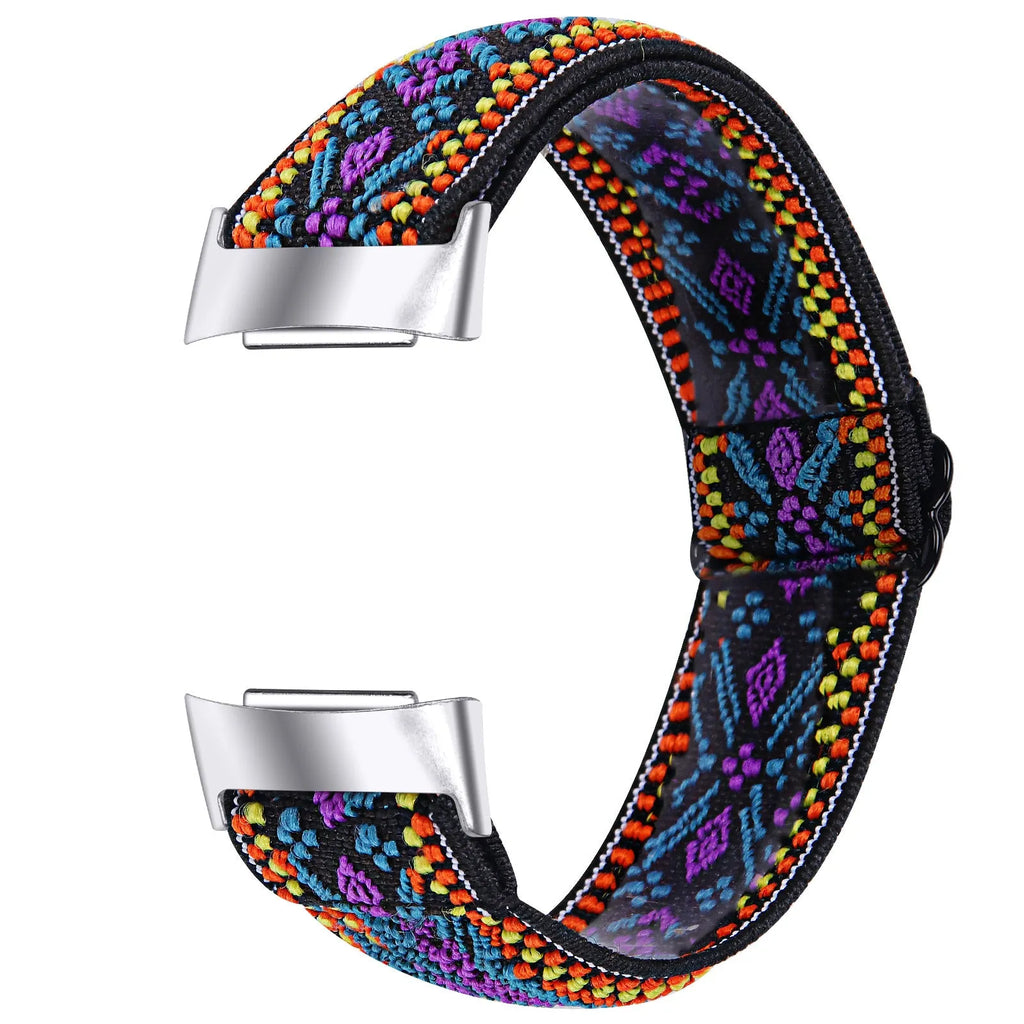 Printed elastic replacement strap for Fitbit Charge 6 watch in adjustable design with colourful patterns