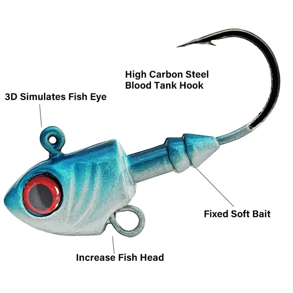 Yayu shaped lead head fishing hooks in blue, silver, yellow with weights from 3.5g to 28g and soft baits.