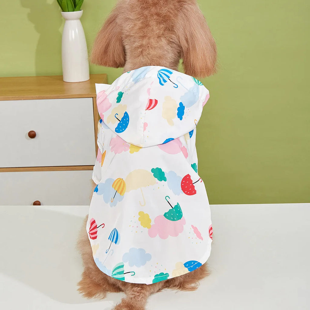 Colourful cartoon umbrella pattern dog raincoat in polyester fabric for rainy weather protection
