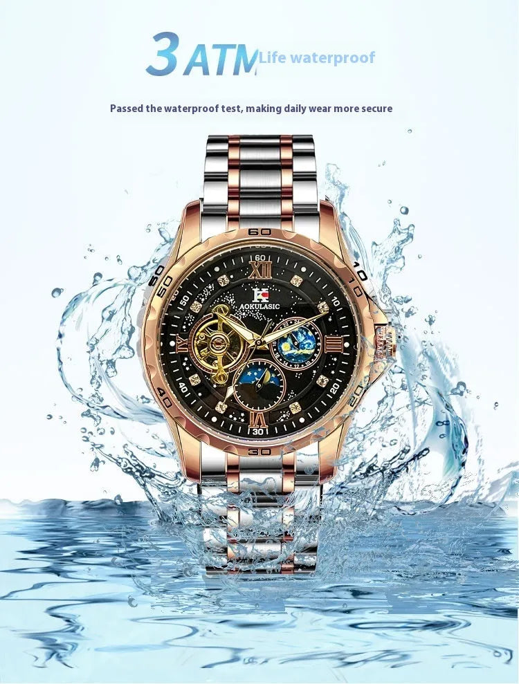 Men's automatic mechanical watch with rose gold shell, black dial, and large 50mm display