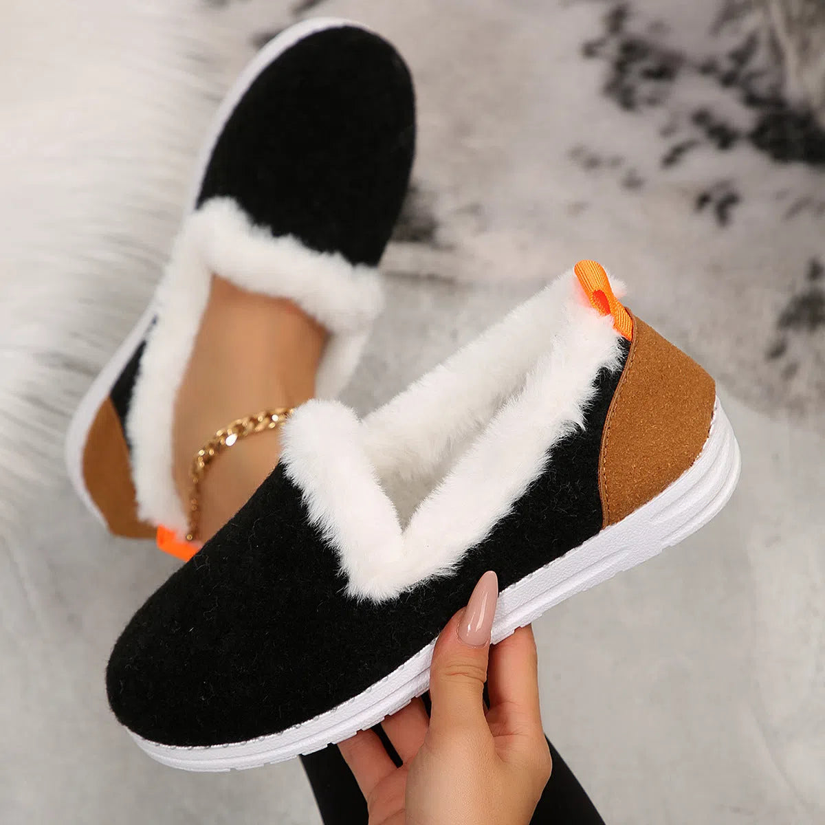 Women's Korean style thick soled short tube cotton shoes in light brown suede with plush lining