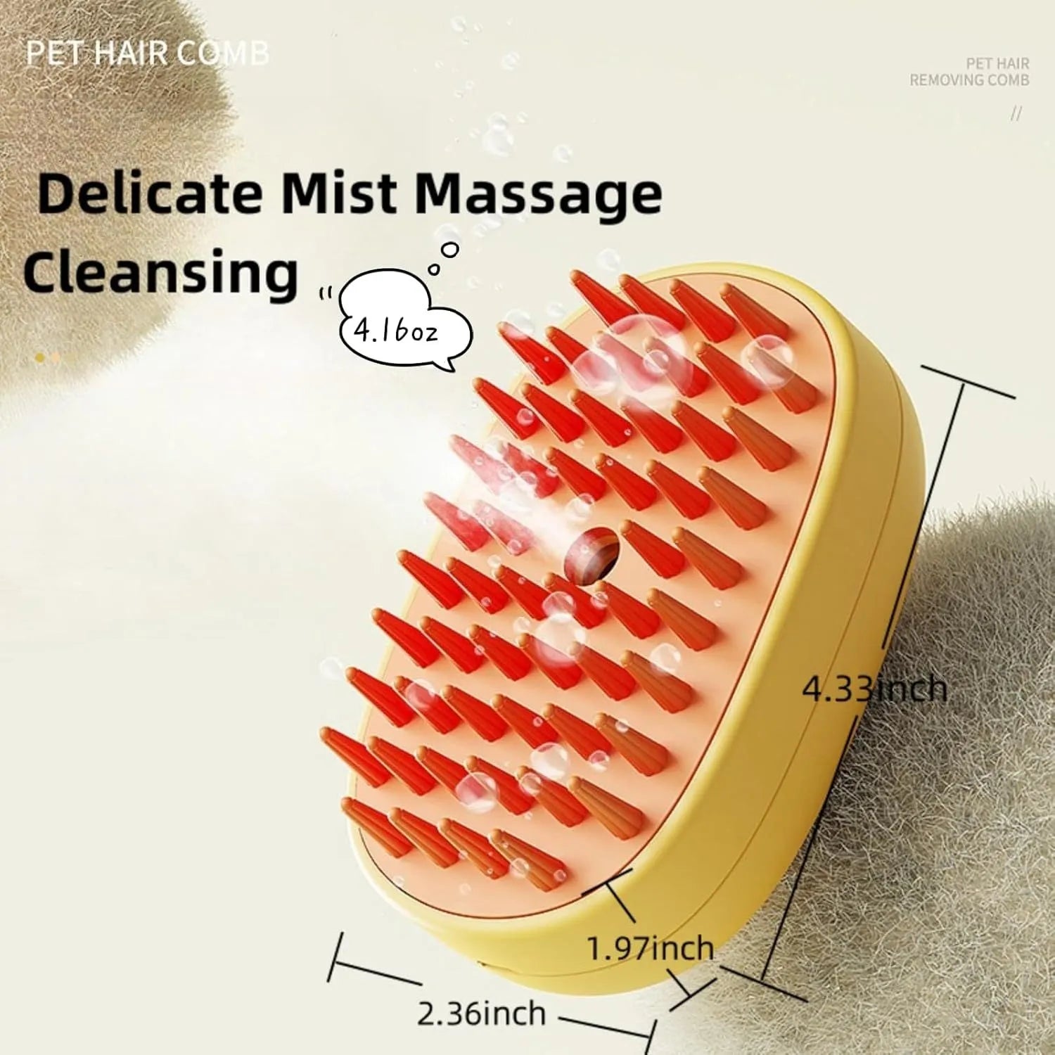 White rechargeable pet steam brush with silicone comb teeth for grooming dogs and cats.