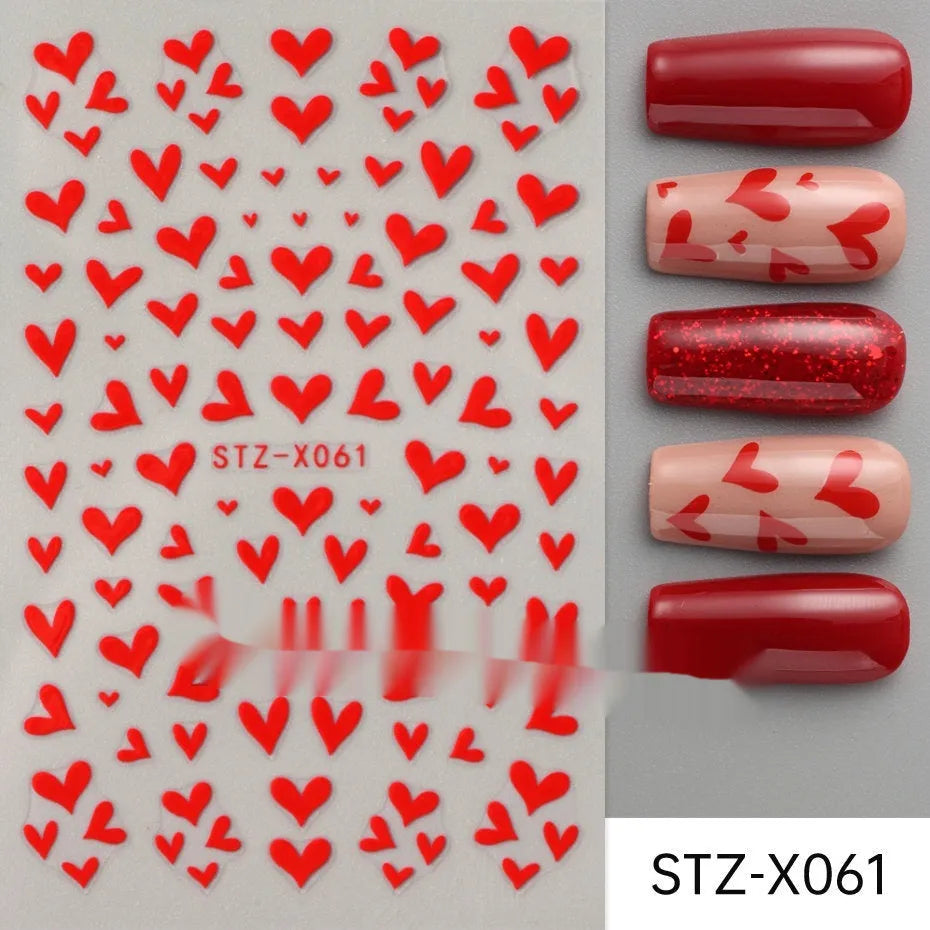 Sheet of black and silver strip nail art stickers with cartoon and love heart designs