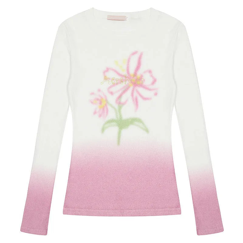 Women's gradient floral print long-sleeved T-shirt in light pink and yellow green colour options