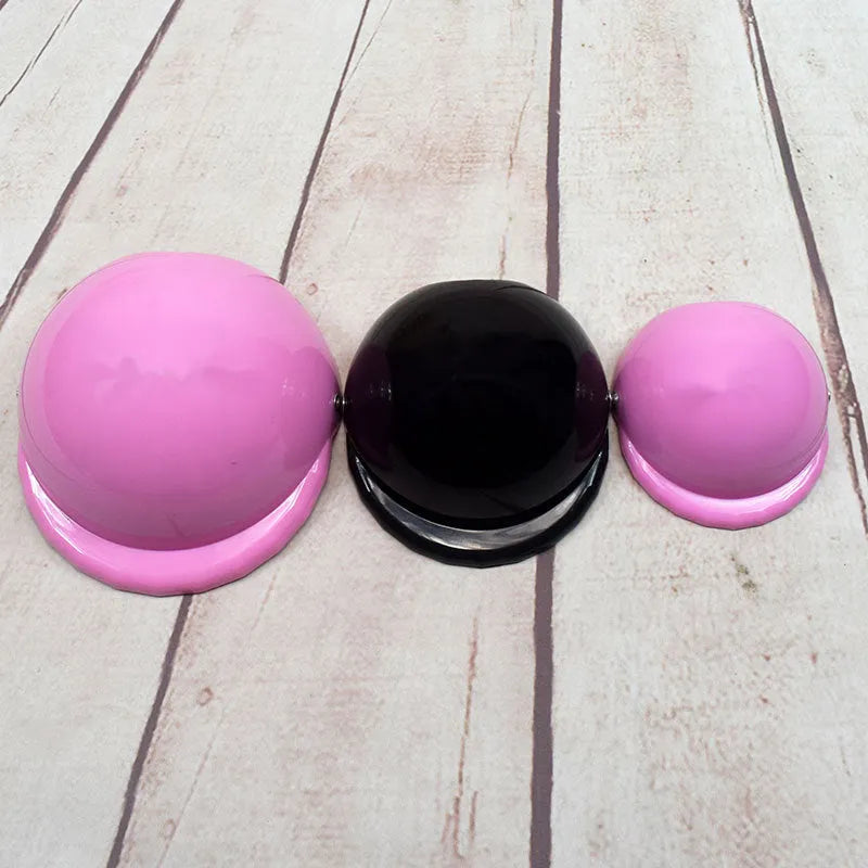 Plastic dog motorcycle-style helmet cap shown in multiple colours and sizes for small, medium, and large dogs.