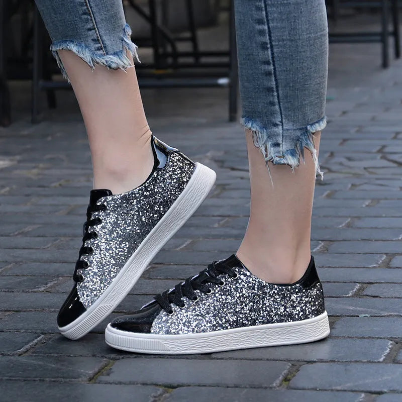 Women's colourful sequins casual low-top shoes with PU upper, leather lining, round toe, front lace-up, black gold pink options, sizes 36-41