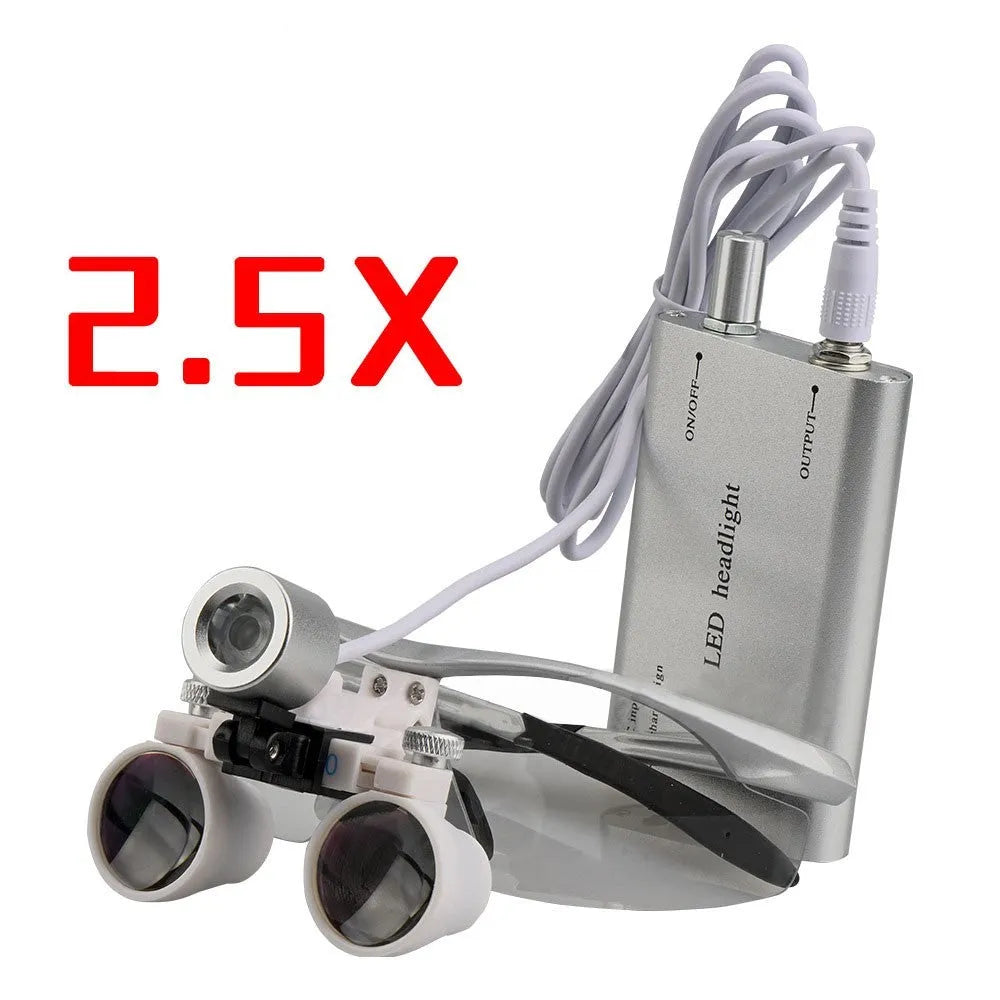 Black head-mounted LED magnifying glass for dental work with 2.5X magnification and adjustable headlight