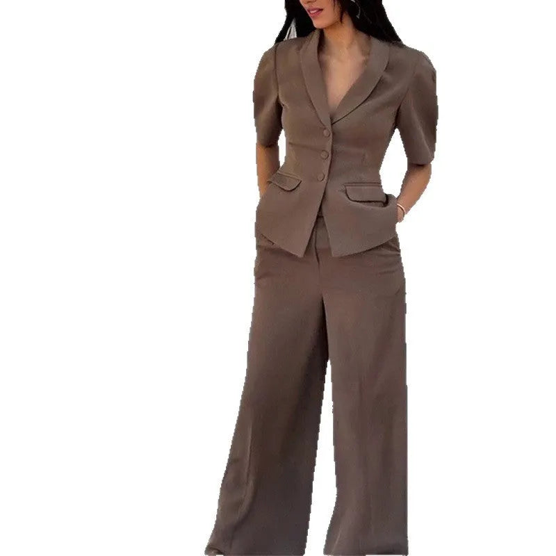Brown men's two-piece slim fit suit with long sleeves and matching trousers on a hanger.