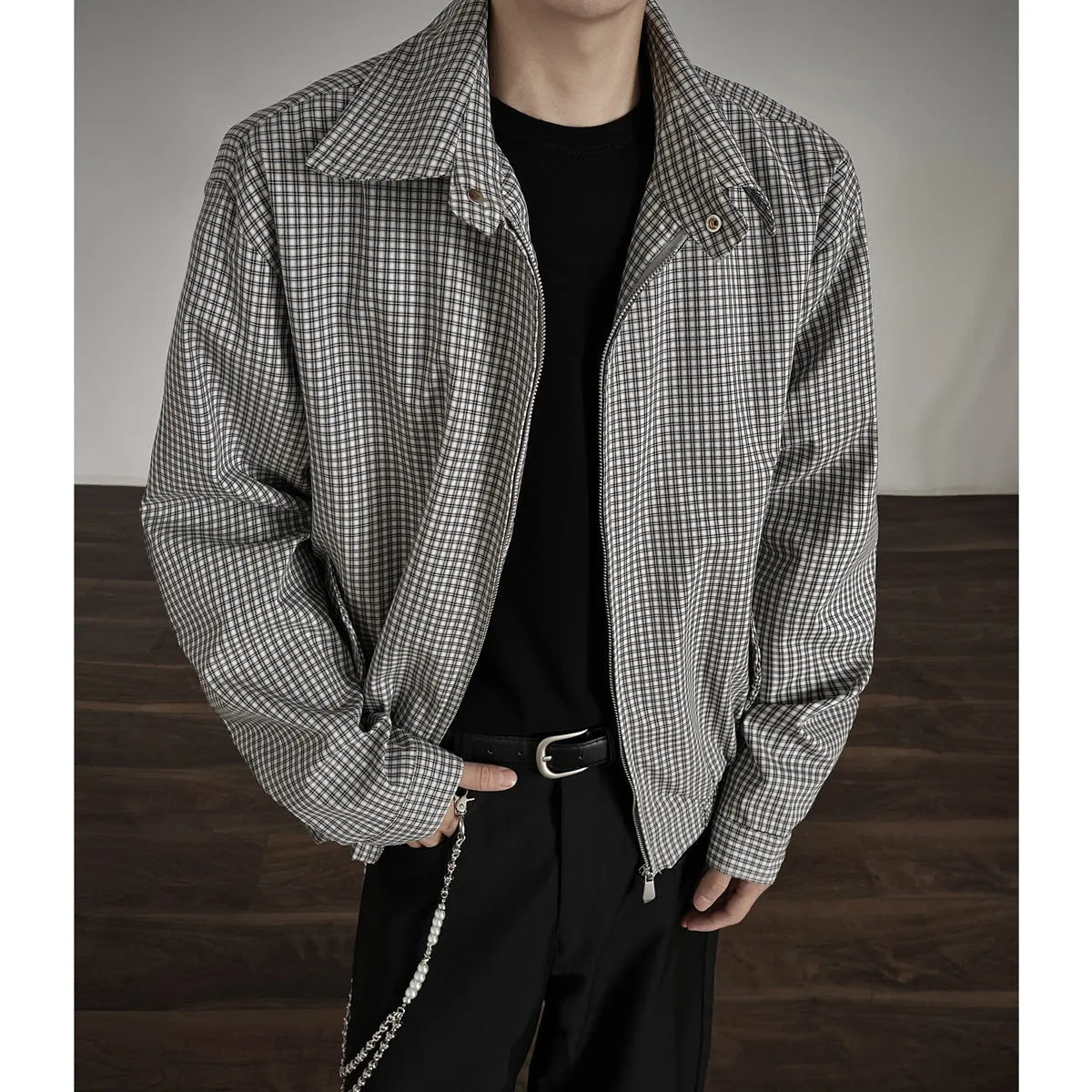 Korean style retro plaid short jacket with double zipper in grey and blue plaid, cotton blend
