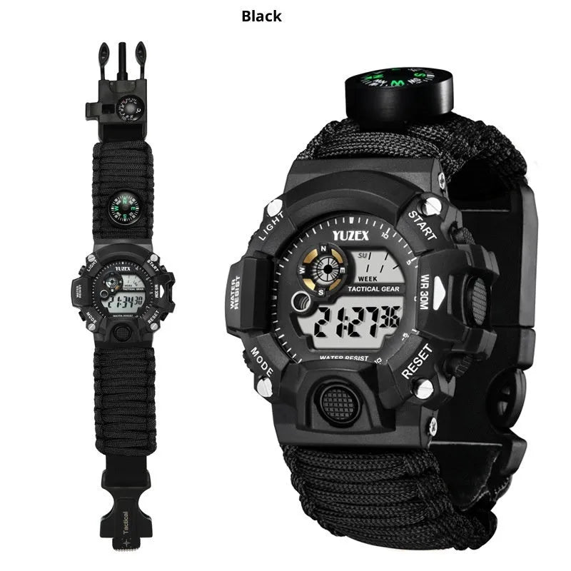 Multifunctional survival bracelet watch with parachute cord strap, firestone, whistle, and compass on a wrist in outdoor setting