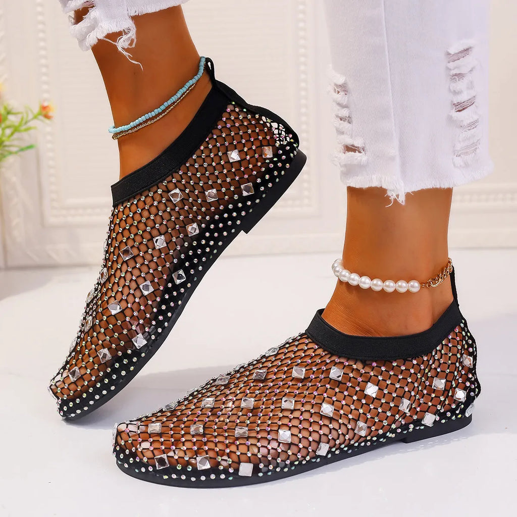 Women's colourful rhinestone mesh flat sandals with round toe design on rubber sole