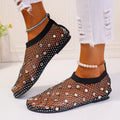 Women's colourful rhinestone mesh flat sandals with round toe design on rubber sole