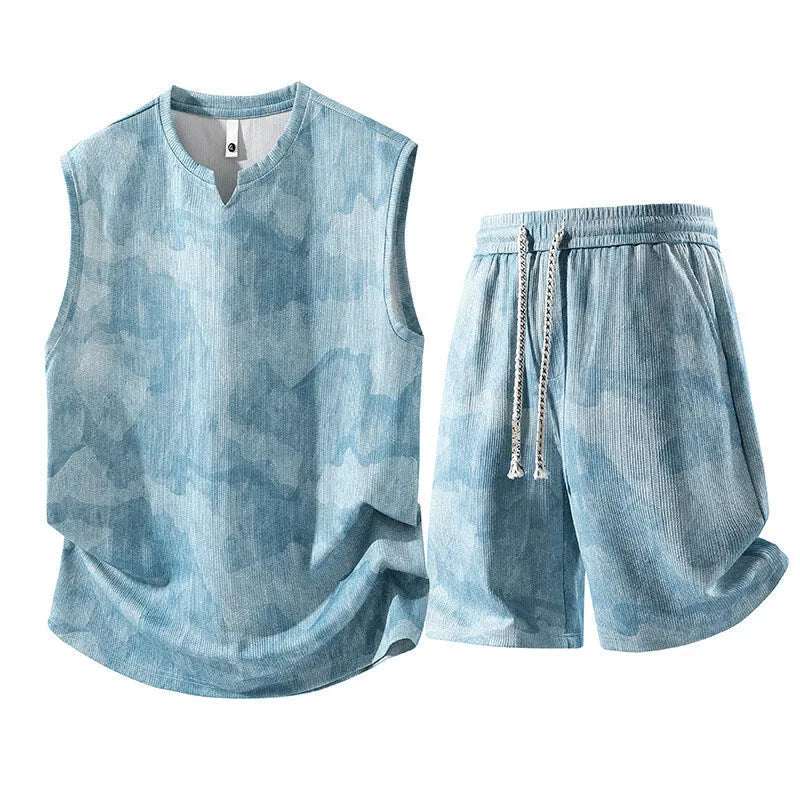 Sleeveless vest suit plus size two-piece set in black blue with shorts quick-drying polyester spandex